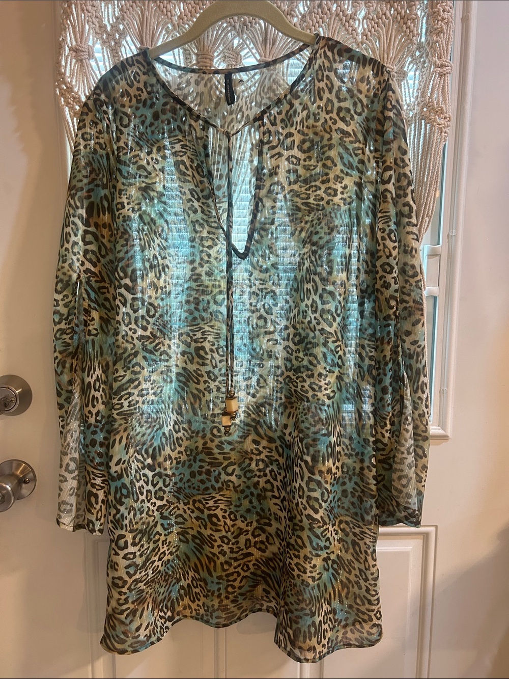 St. John Sheer Leopard-Print Tunic in Teal and Brown